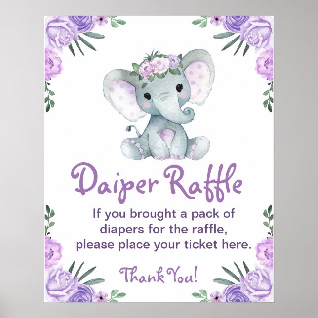 Girl Elephant Diaper Raffle Baby Shower Game Sign  (Front)