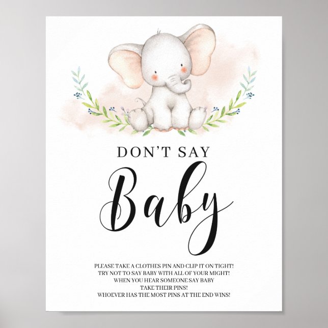 Girl Elephant Don't Say Baby Sign Game Baby Shower (Front)