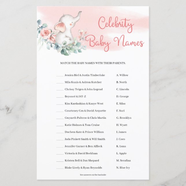 Girl Elephant Eucalyptus Celebrity Baby Names game (Front)