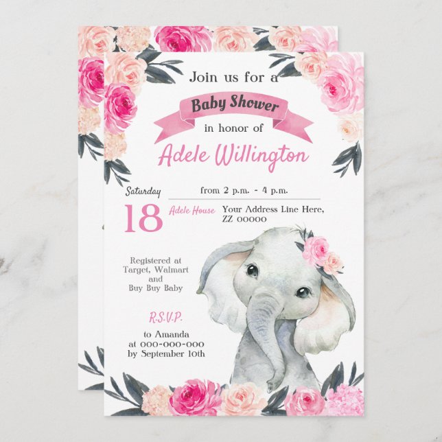Girl Elephant Floral Pink Roses Rustic Elegant Invitation (Front/Back)