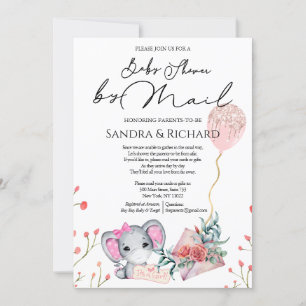 Girl Elephant Gold Glitter Balloon Shower by Mail Invitation