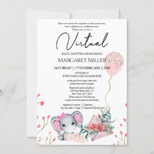 Girl Elephant Gold Glitter Balloon Virtual Shower Invitation