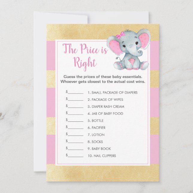 Girl Elephant Guess the Price Baby Shower Game Invitation (Front)