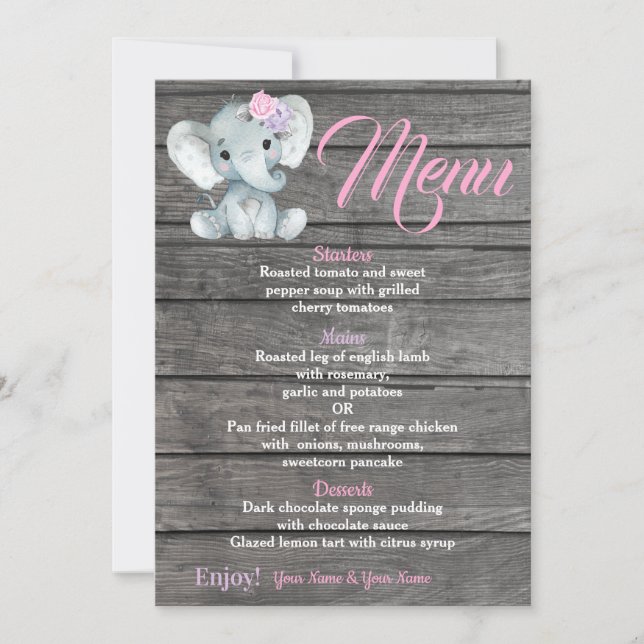 Girl Elephant Menu card for Baby Shower birthday (Front)