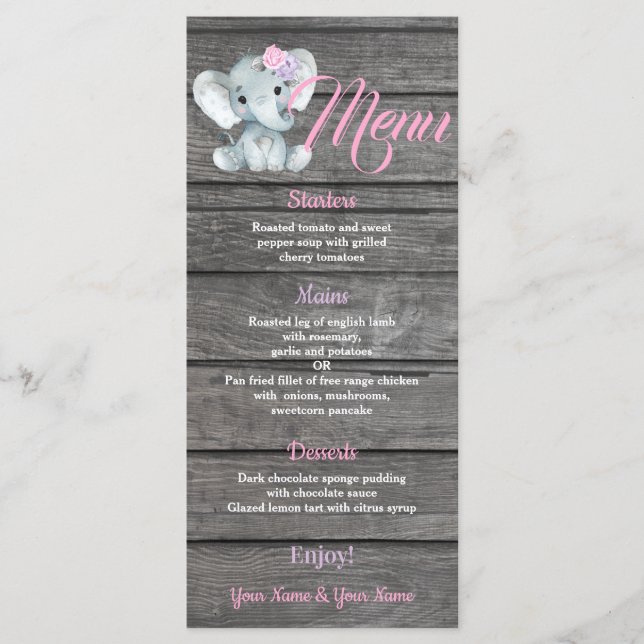 Girl Elephant Menu card for Baby Shower birthday (Front)