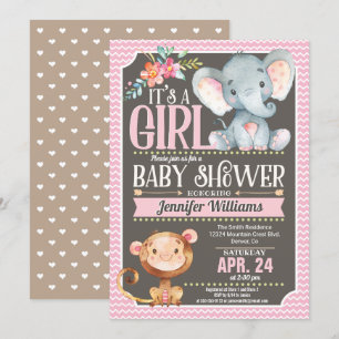 Girl Elephant & Monkey Baby Shower Invitation