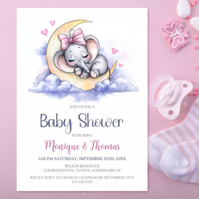 Girl Elephant Moon Baby Shower Invitation (Creator Uploaded)