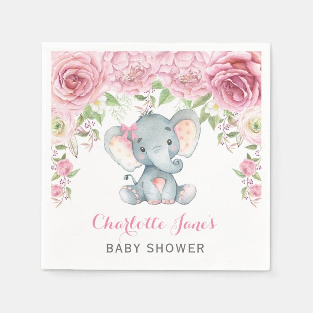 Girl Elephant Paper Napkin Pink Floral Baby Shower (Front)