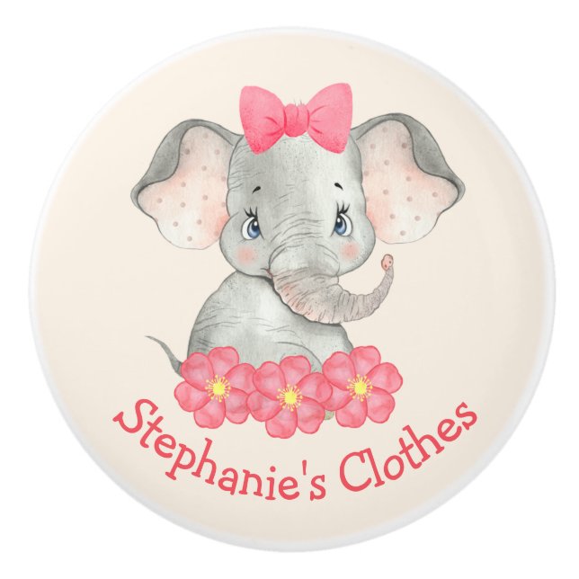 Girl Elephant Personalised Watercolor Pink kids Ceramic Knob (Front)