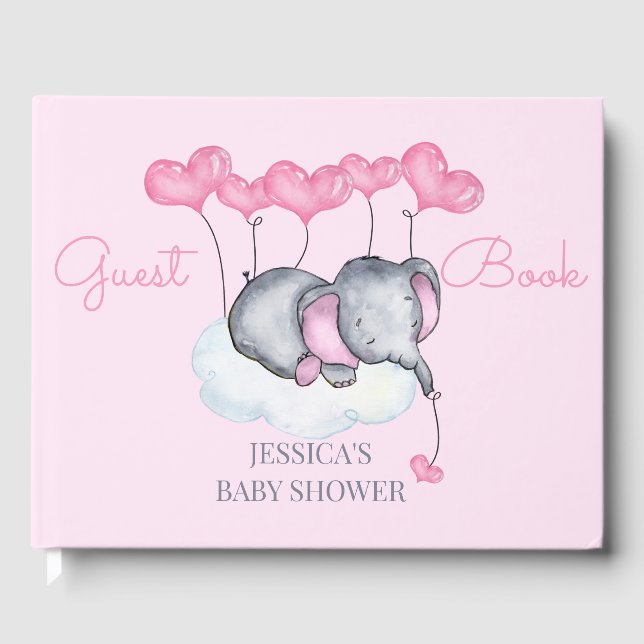 Girl Elephant Pink Baby Shower Guest Book (Front)