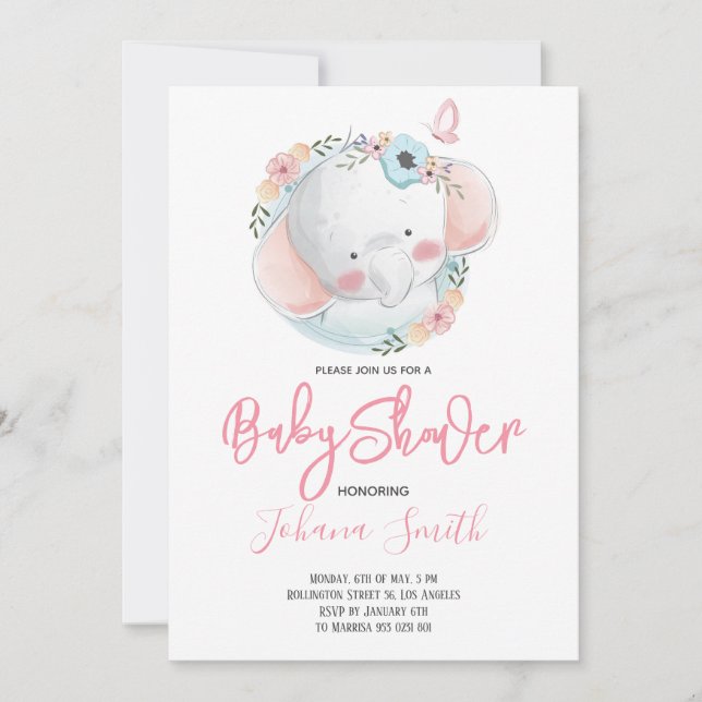 Girl Elephant Pink Baby Shower Invitation (Front)