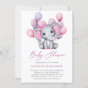 Girl Elephant Pink Balloon Script Cute Baby Shower Invitation