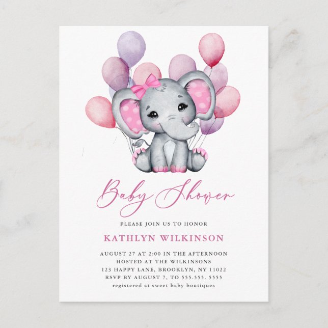 Girl Elephant Pink Balloon Script Cute Baby Shower Invitation Postcard (Front)
