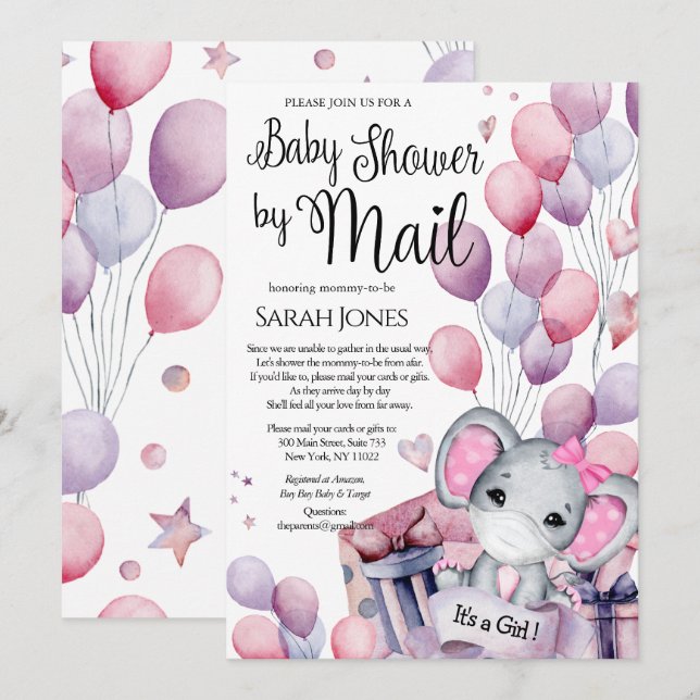 Girl Elephant Pink Balloons Baby Shower by Mail Invitation (Front/Back)