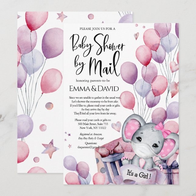 Girl Elephant Pink Balloons Baby Shower by Mail Invitation (Front/Back)