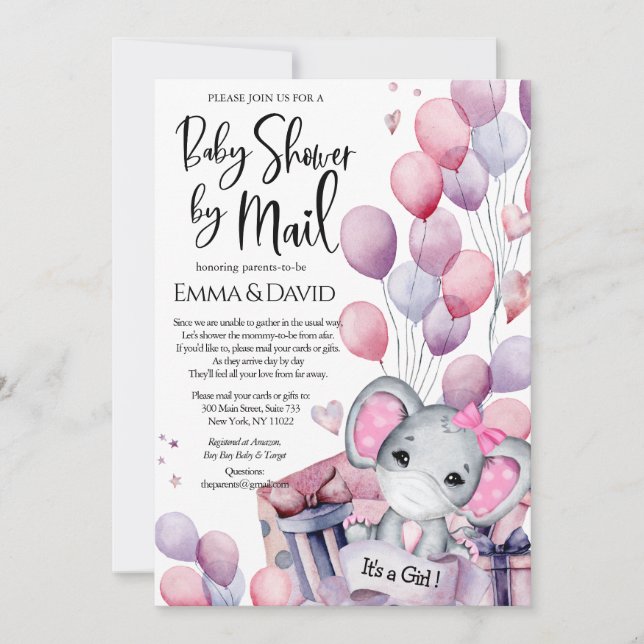 Girl Elephant Pink Balloons Baby Shower by Mail Invitation (Front)