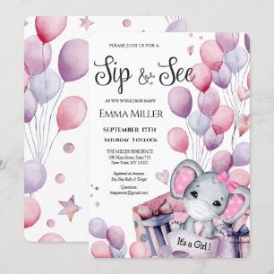 Girl Elephant Pink Balloons Baby Sip and See Invitation