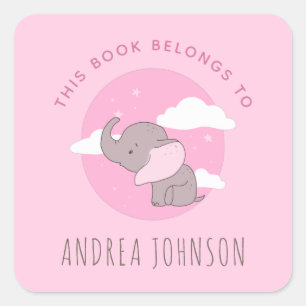 Girl Elephant Pink Dreamy Clouds Kids Bookplate Square Sticker