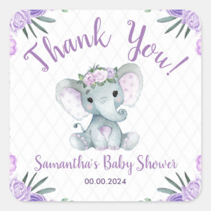 Girl Elephant Purple Floral Thank You Sticker Tag