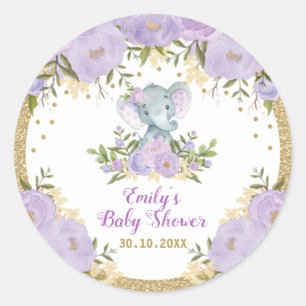 Girl Elephant Purple Gold Flower Baby Shower Classic Round Sticker