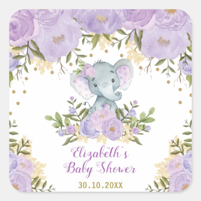 Girl Elephant Purple Gold Flower Baby Shower Square Sticker (Front)