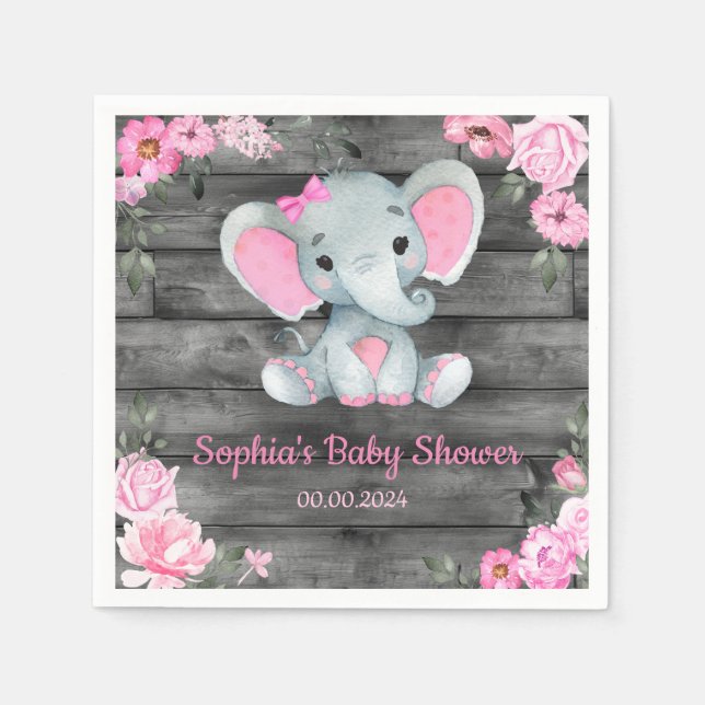 Girl Elephant Shower Floral Pink Paper Napkins (Front)
