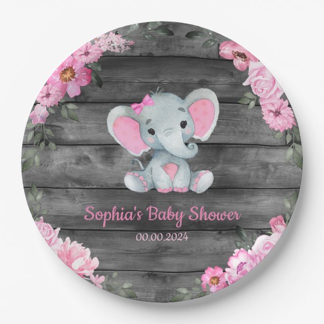 Girl Elephant Shower Floral Pink Paper Napkins Paper Plate (Front)