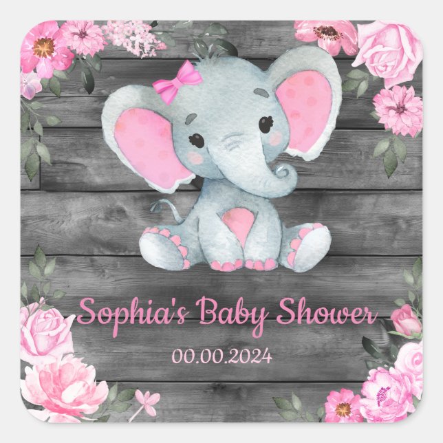 Girl Elephant Shower Floral Pink Stickers Labels (Front)