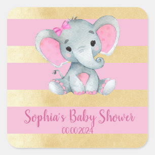 Girl Elephant Shower Gold Pink Sticker Label