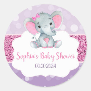 Girl Elephant Shower Pink Round Stickers for Favor