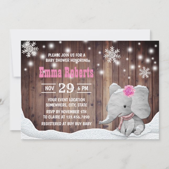 Girl Elephant Snowflaes Rustic Winter Baby Shower Invitation (Front)