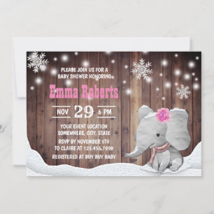 Girl Elephant Snowflaes Rustic Winter Baby Shower Invitation