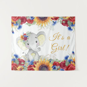 Girl Elephant Sunflower Baby Shower Backdrop Tapestry