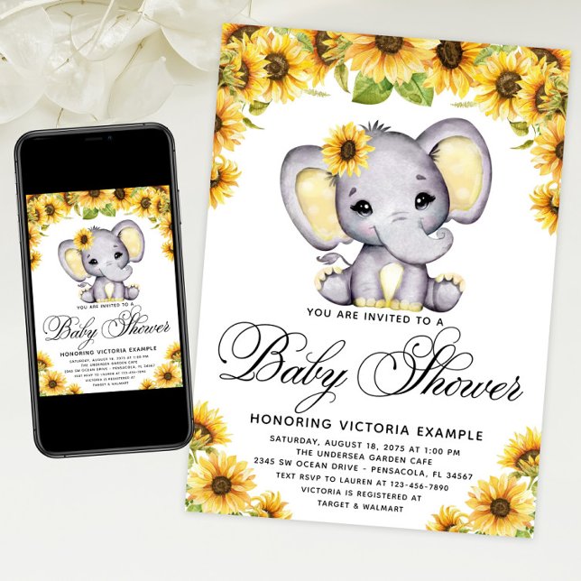 Girl Elephant Sunflower Baby Shower  Invitation (Sunflower elephant baby shower invitation with cute baby elephant and sunflowers. Print & Download)