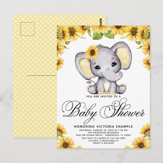 Girl Elephant Sunflower Baby Shower  Invitation Postcard (Front/Back)