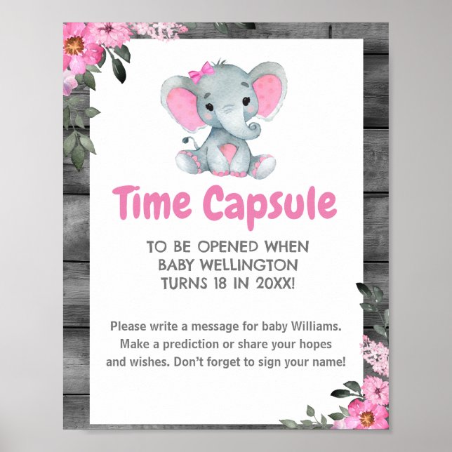Girl Elephant Time Capsule Baby Shower Sign (Front)