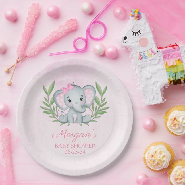 Girl Elephant Tropical Summer Floral Baby Shower Paper Plate (Party)