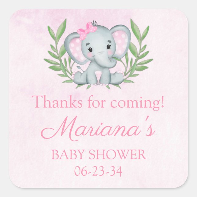 Girl Elephant Tropical Summer Floral Baby Shower Square Sticker (Front)
