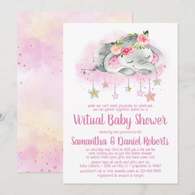 Girl Elephant Virtual Baby Shower Invitation (Front/Back)
