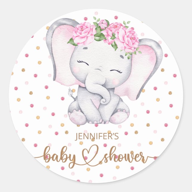 Girl Elephant Watercolor Baby Shower Classic Round Sticker (Front)