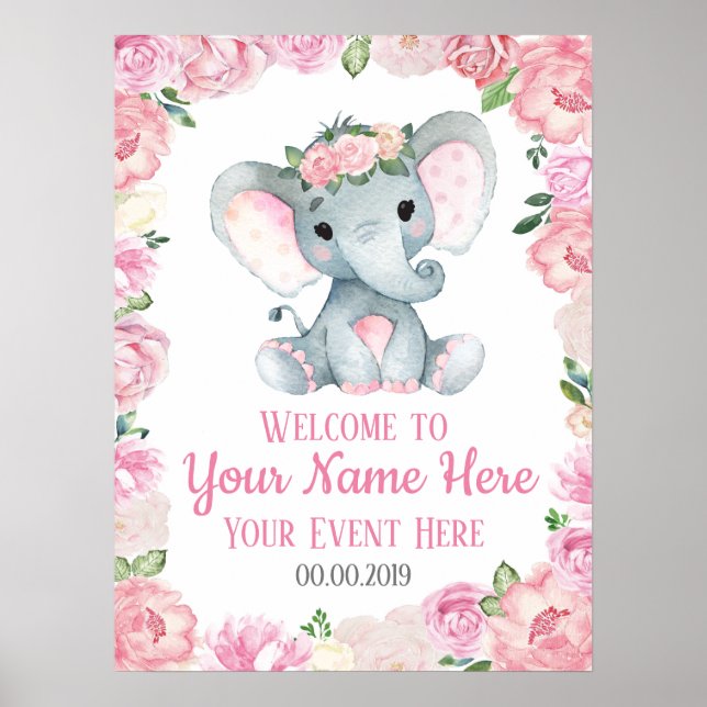Girl Elephant Welcome Sign Baby Roses Floral (Front)