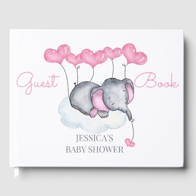 Girl Elephant White and Pink Baby Shower Guest Book (Front)
