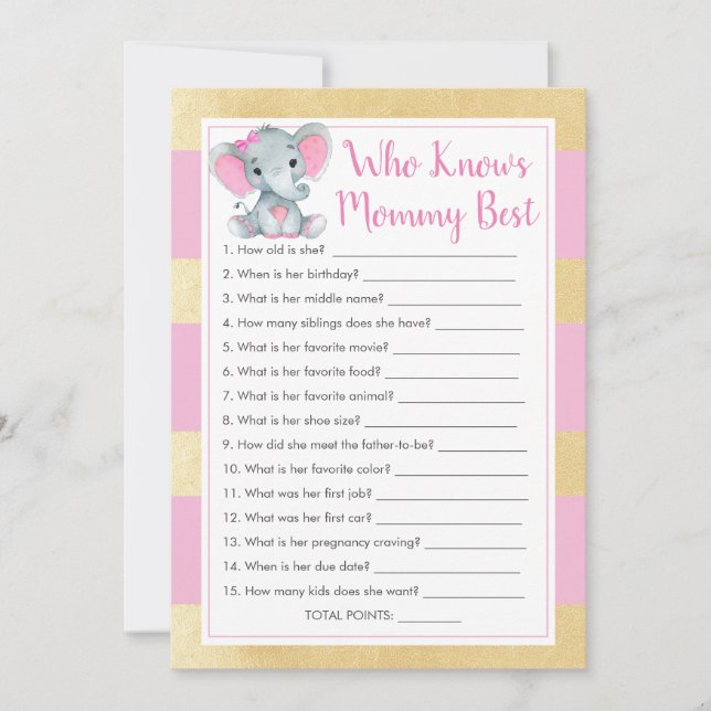 Girl Elephant Who Knows Mummy Best Shower Game Invitation (Front)