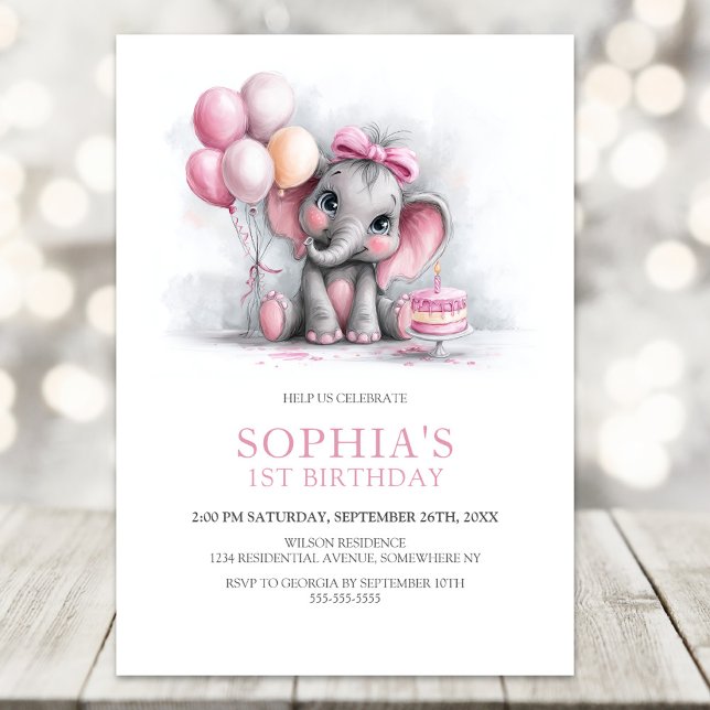 Girl Elephant with Balloons 1st Birthday Party Invitation (Creator Uploaded)