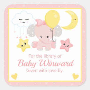 Girl Elephant with Moon & stars Library Bookplate Square Sticker