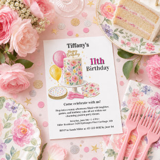 Girl Eleven Pink Floral Birthday Cake Party Invitation