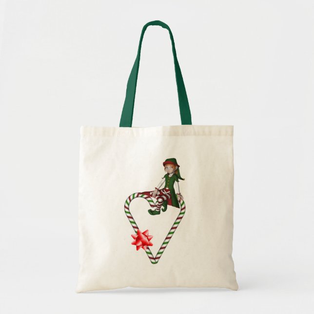 Girl Elf Candy Cane Heart Christmas Holiday Tote Bag (Front)