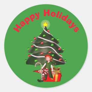 Girl Elf Christmas Tree Holiday  Classic Round Sticker