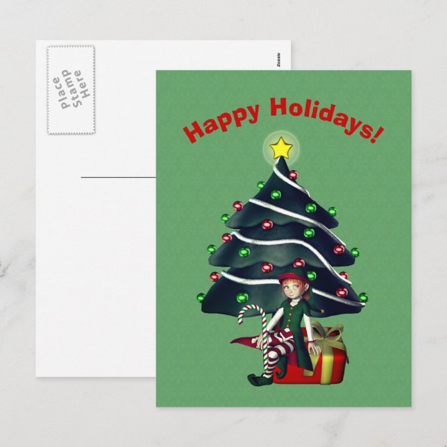 Girl Elf Christmas Tree Holiday Postcard (Front/Back)
