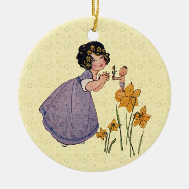 Girl Elf Fairy Daffodil Antique Easter Ceramic Tree Decoration (Front)